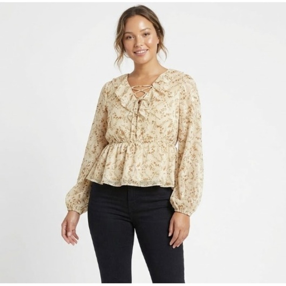 Skies Are Blue size XL Brown Tan Ditsy Floral Lace Up Ruffle Feminine‎ Blouse